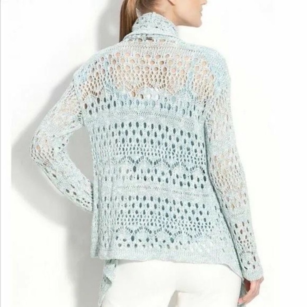 St. John knitted crochet blue draped cardigan sweater size M - Picture 2 of 10